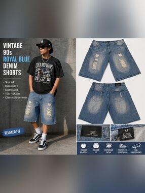 Vintage 90s Royal Blue Denim Shorts Distressed Relaxed Fit Size 44 Y2K Skater